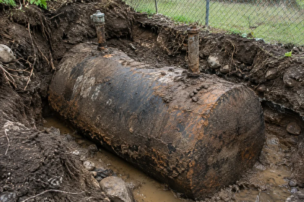 Before: corroded oil tank with fill and vent pipes in the ground