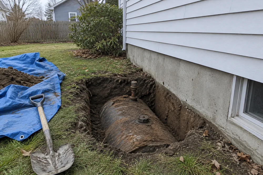 Before: small oil tank buried beside a house foundation